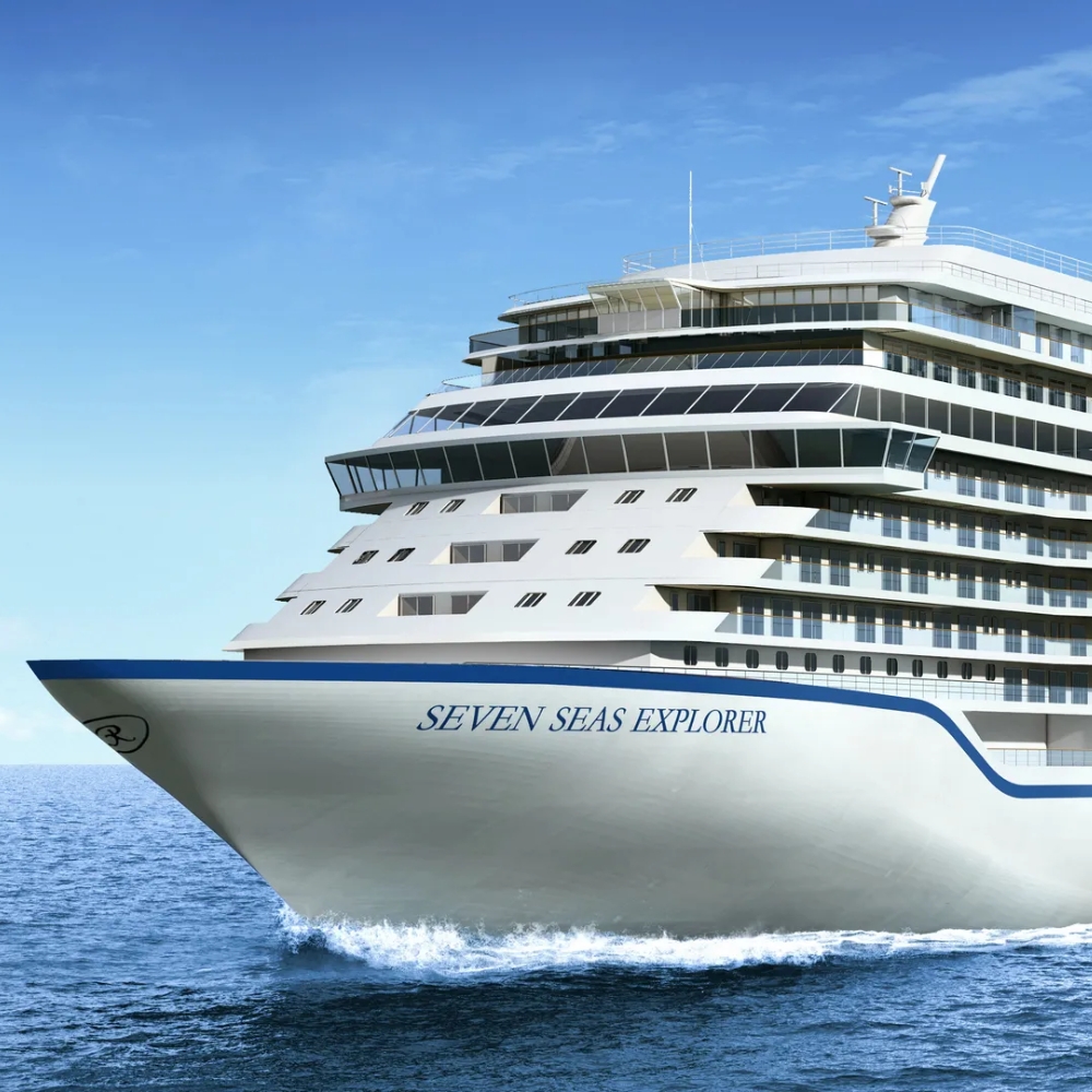 A large seven seas Explorer cruise ship in the middle of the ocean